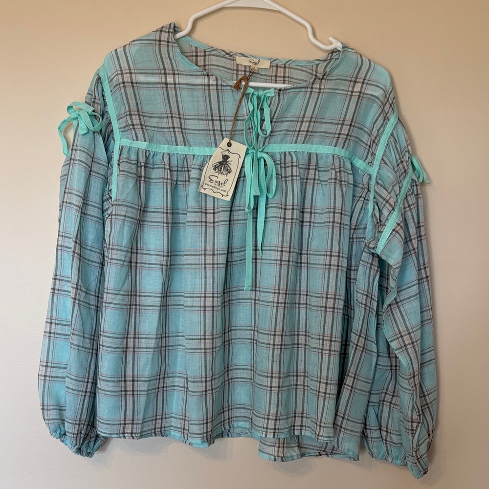 Easel Teal Plaid Blouse with Tie Accents